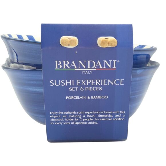 Brandani Italy Sushi Experience 8pc Porcelain Ramen Noodle Bowl Set Blue Striped - Picture 3 of 13